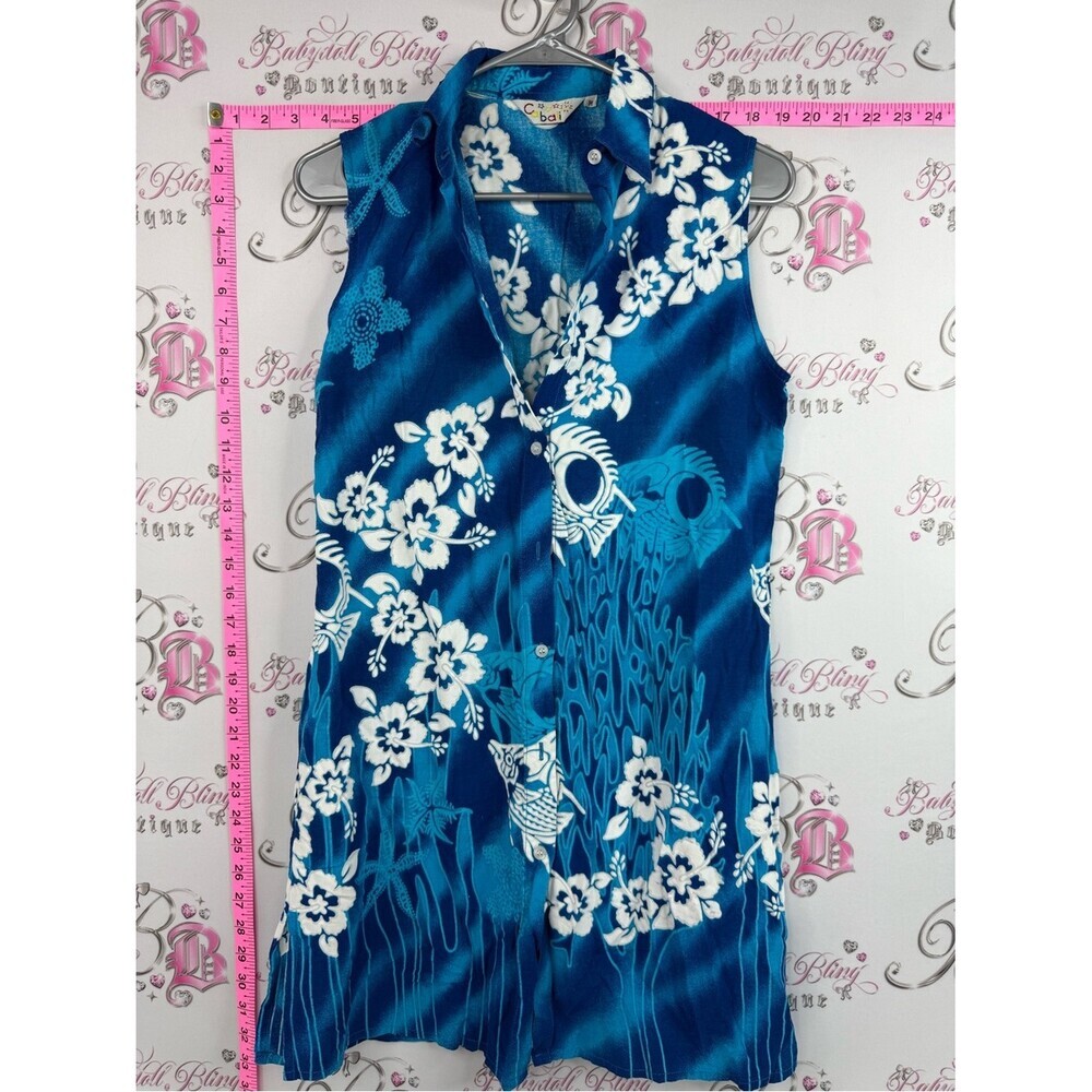 Cabali dress fish vintage button up Blue Floral Hawaiian Sleeveless Shirt